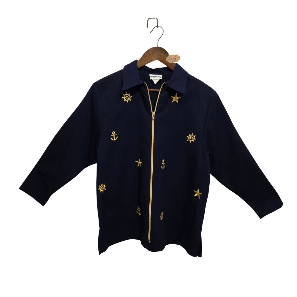 BonWorth Womens Petite Small Navy Blue Nautical Gold Embroidered Zip Front Jack